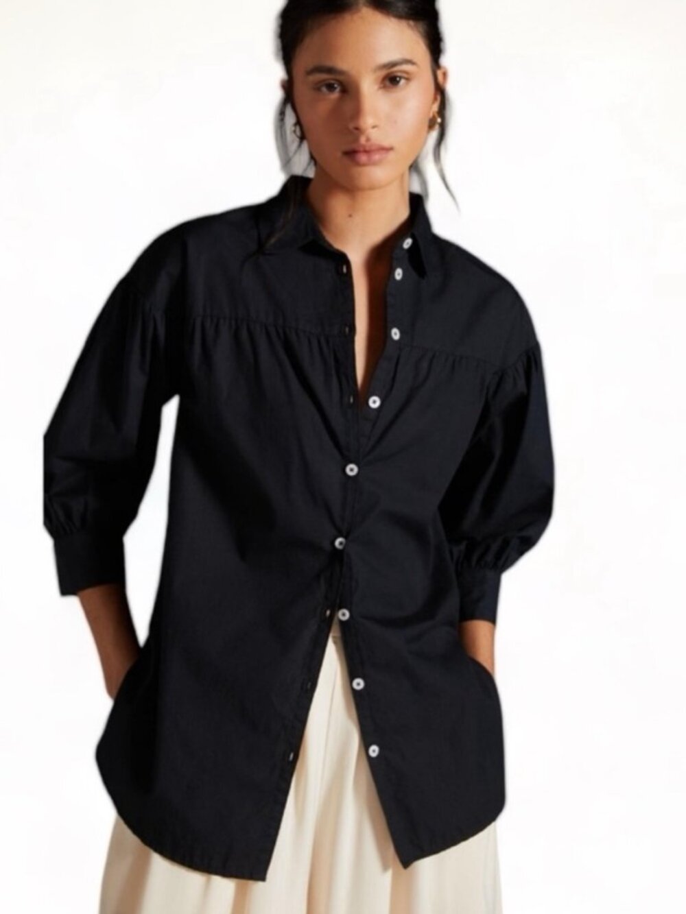 Anthropologie Maeve Black Button Front Shirt w/Three-Qtr Length Sleeves in 2X